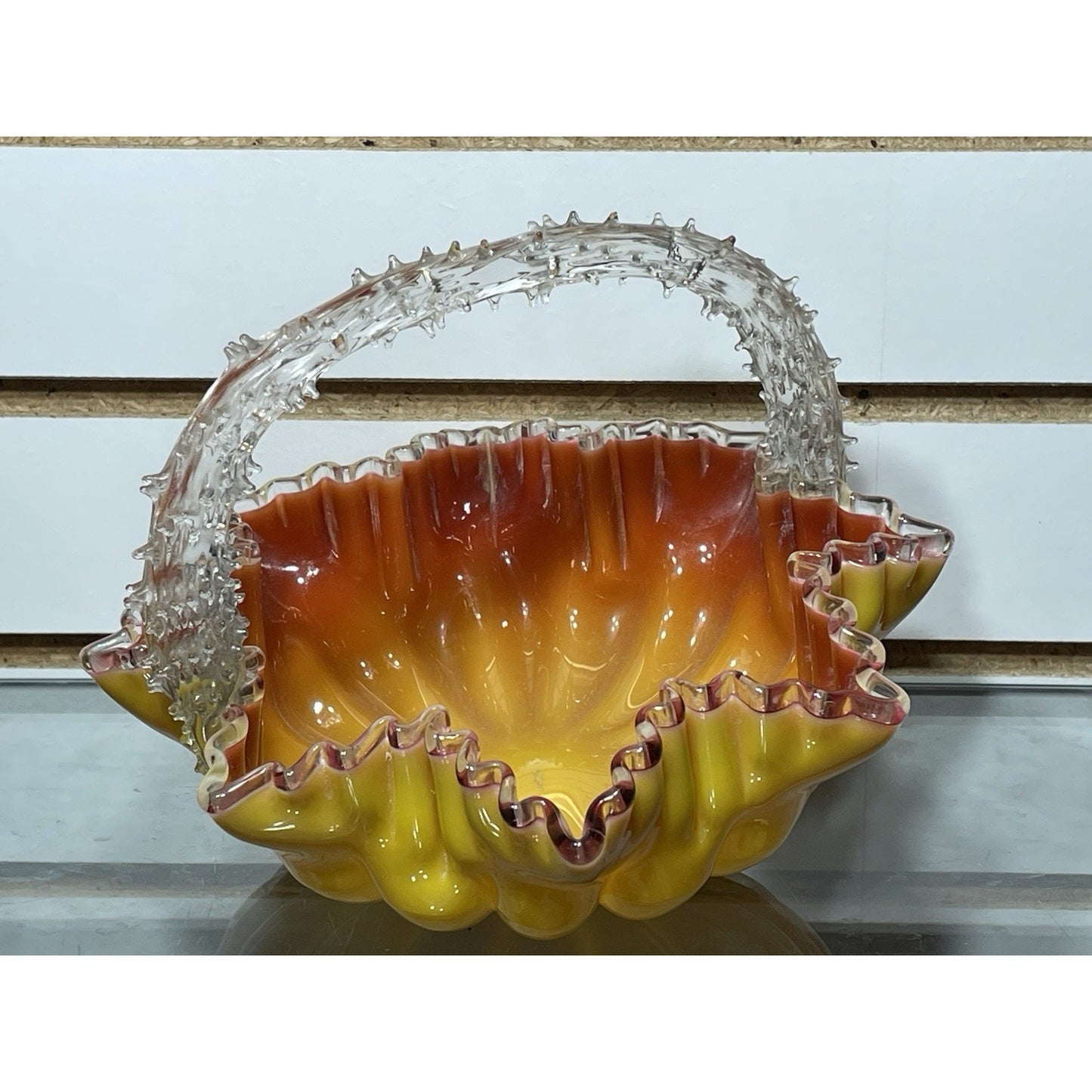ANTIQUE STEVENS & WILLIAMS AMBERINA YELLOW CASE GLASS BASKET THRON HANDLE UV Glo