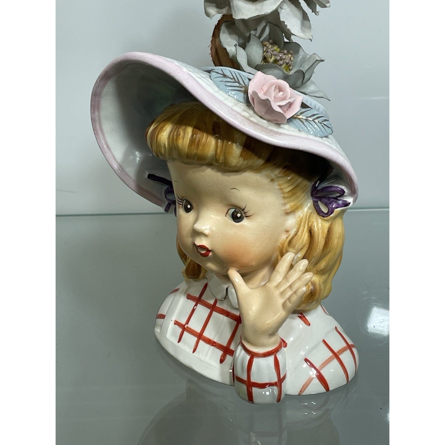 Vintage 6" Reliable Glassworks ? Lady Head Vase Young girl Child Waving Pigtails