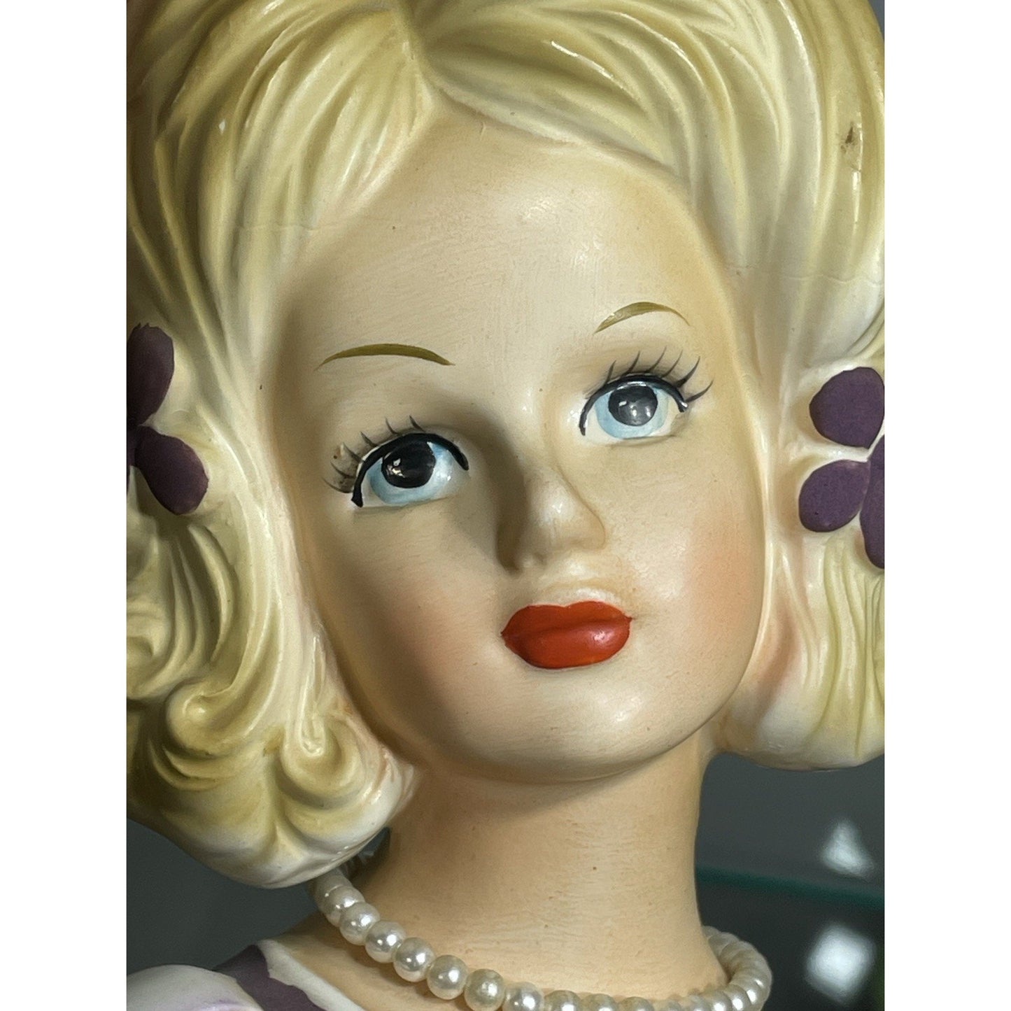 Vintage Lark Lady Blonde Purple Dress Head Vase With Pearls, Purple Flowers 5.75