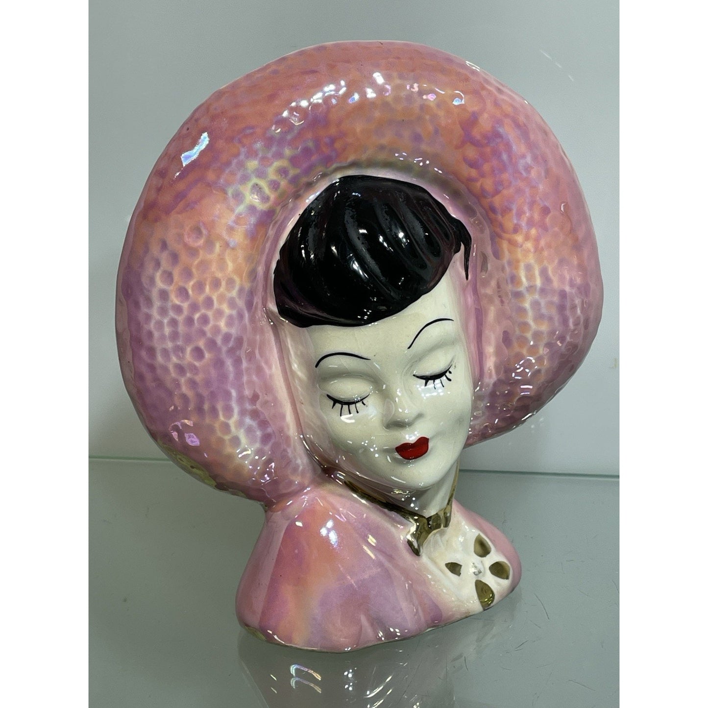 Vtg 1940 Lady Head Vase Wall Pocket Iridescent Pink Gold Red Lips asian Lot of 2