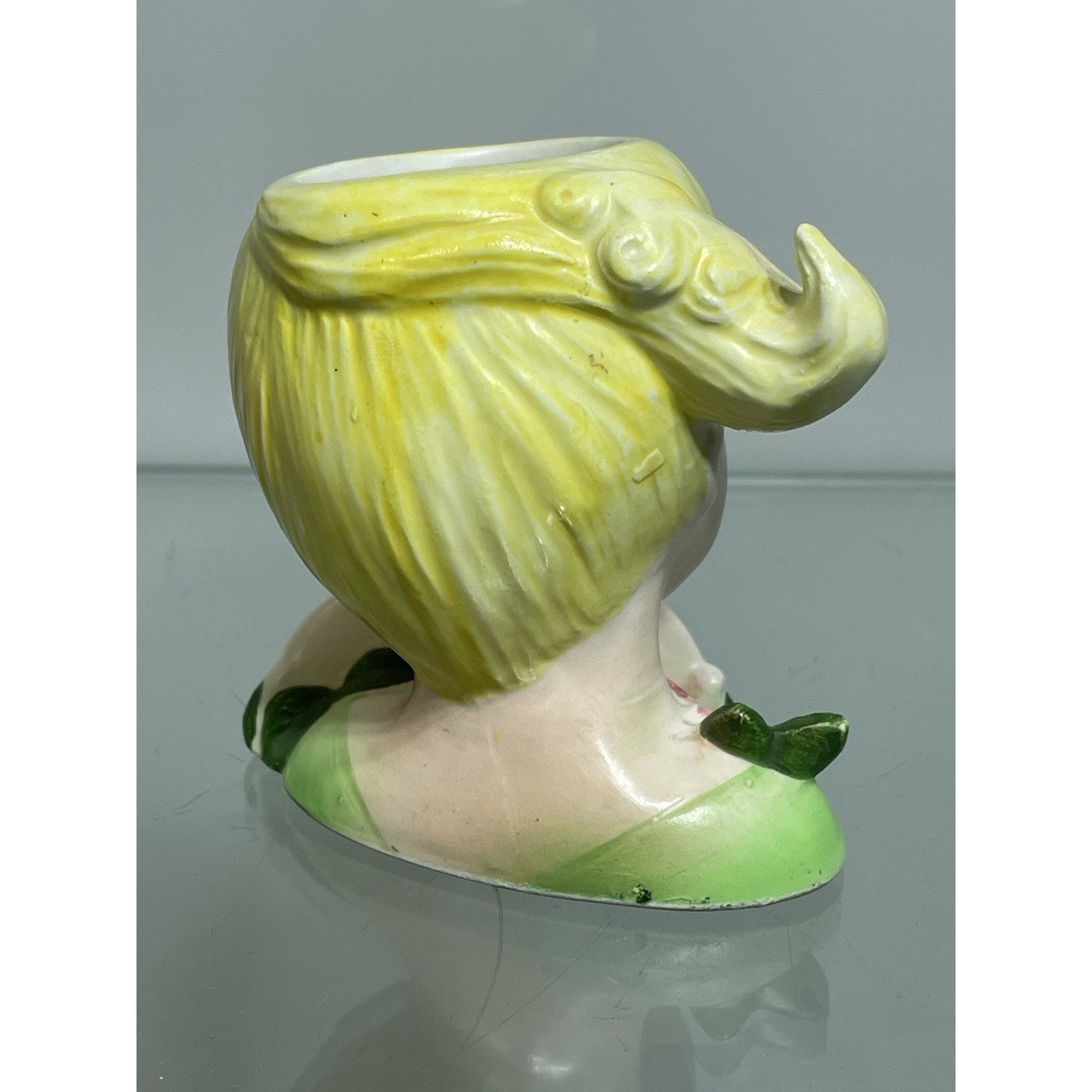 1950’s ENSCO Young Lady Head Vase Blonde Pony Tail Green Dress 3.5" Tall