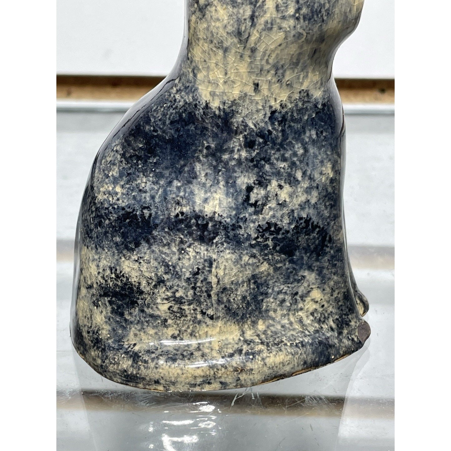 Antique Early Sponge ware Cat 4” Figurine Pottery 1900's gloss blue & tan