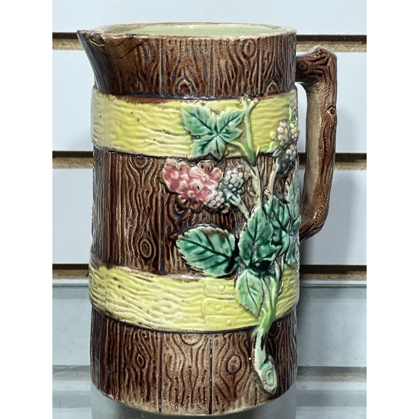 Antique English Majolica Wood and Blossoms Berries Pitcher c.1880's 7" Tall
