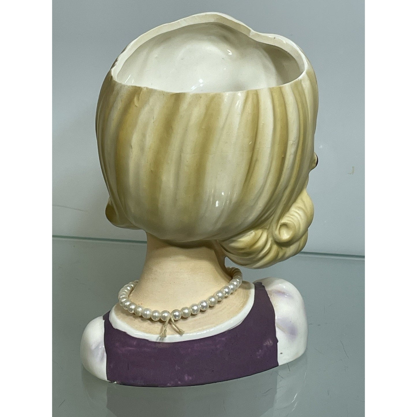 Vintage Lark Lady Blonde Purple Dress Head Vase With Pearls, Purple Flowers 5.75