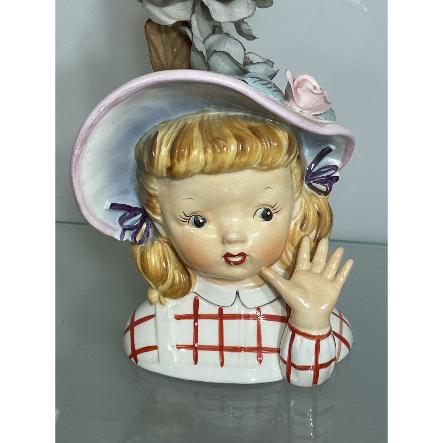 Vintage 6" Reliable Glassworks ? Lady Head Vase Young girl Child Waving Pigtails