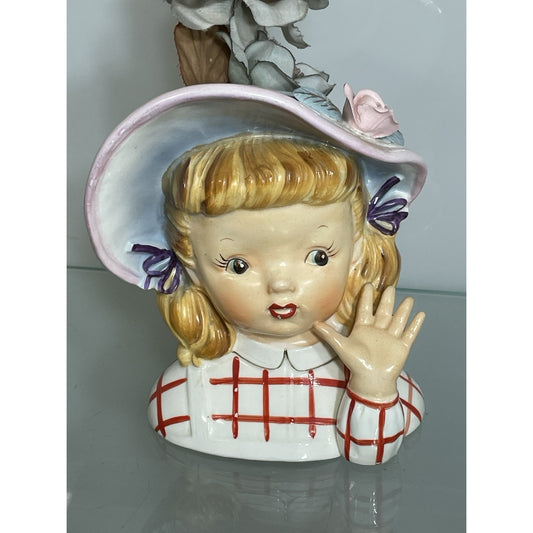 Vintage 6" Reliable Glassworks ? Lady Head Vase Young girl Child Waving Pigtails