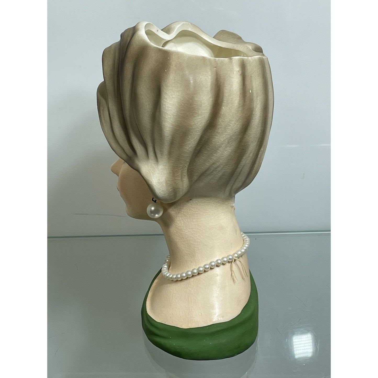 NAPCOWARE stamped YOUNG LADY HEAD VASE GREEN C 7294 7.5" BLUE EYES Japan N. Mint