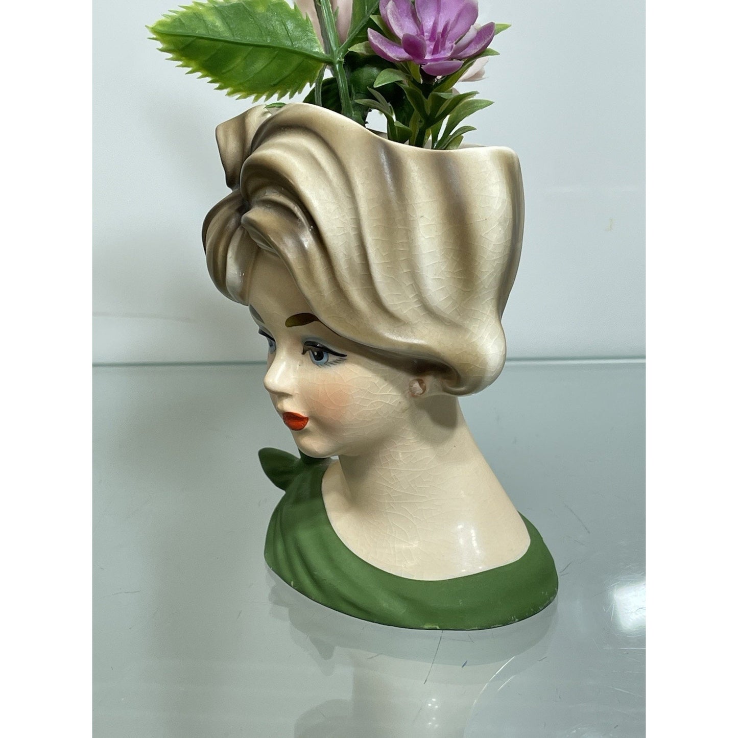 NAPCOWARE stamped YOUNG LADY HEAD VASE GREEN C 7313 4.5" BLUE EYES Japan N. Mint