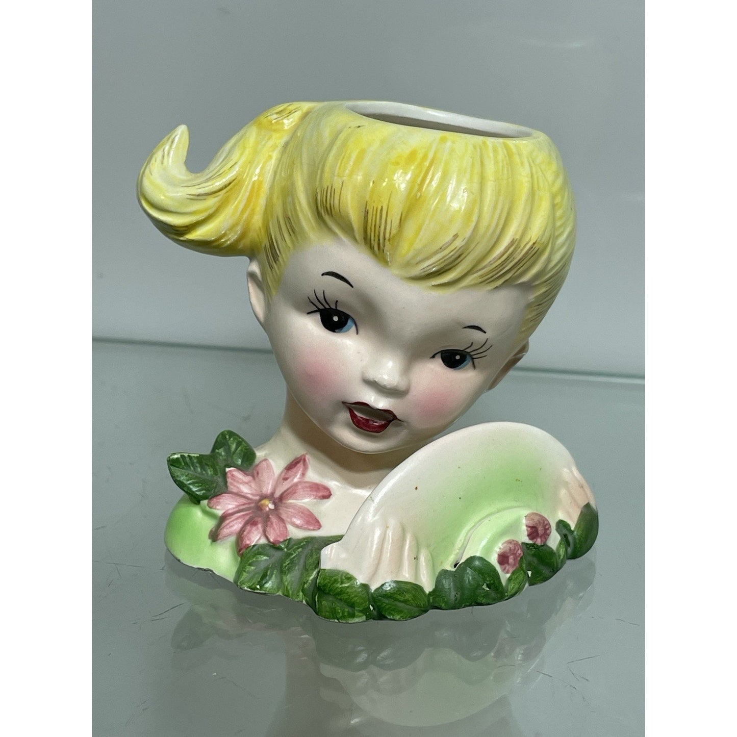 1950’s ENSCO Young Lady Head Vase Blonde Pony Tail Green Dress 3.5" Tall
