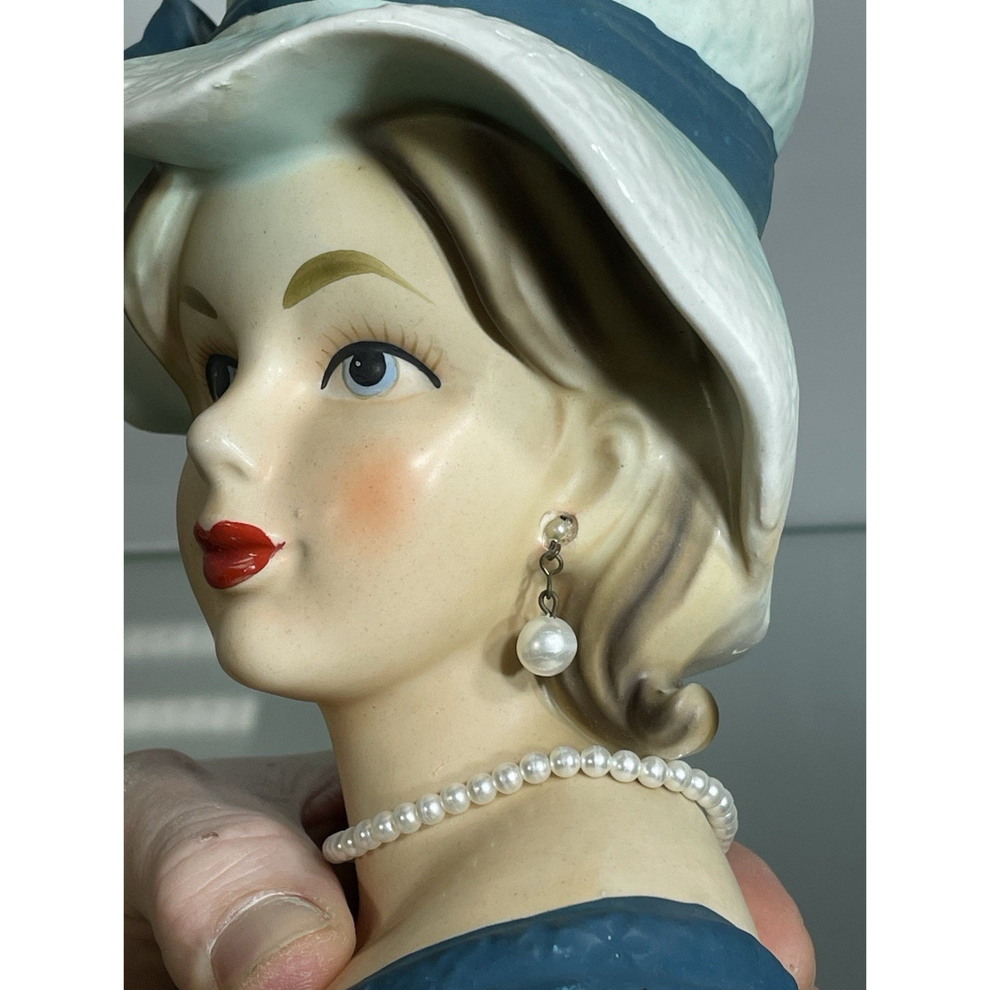 Vintage Relpo Lady HEAD VASE 7" Blue hat & ribbon Young Lady K 1679 - NO ISSUES