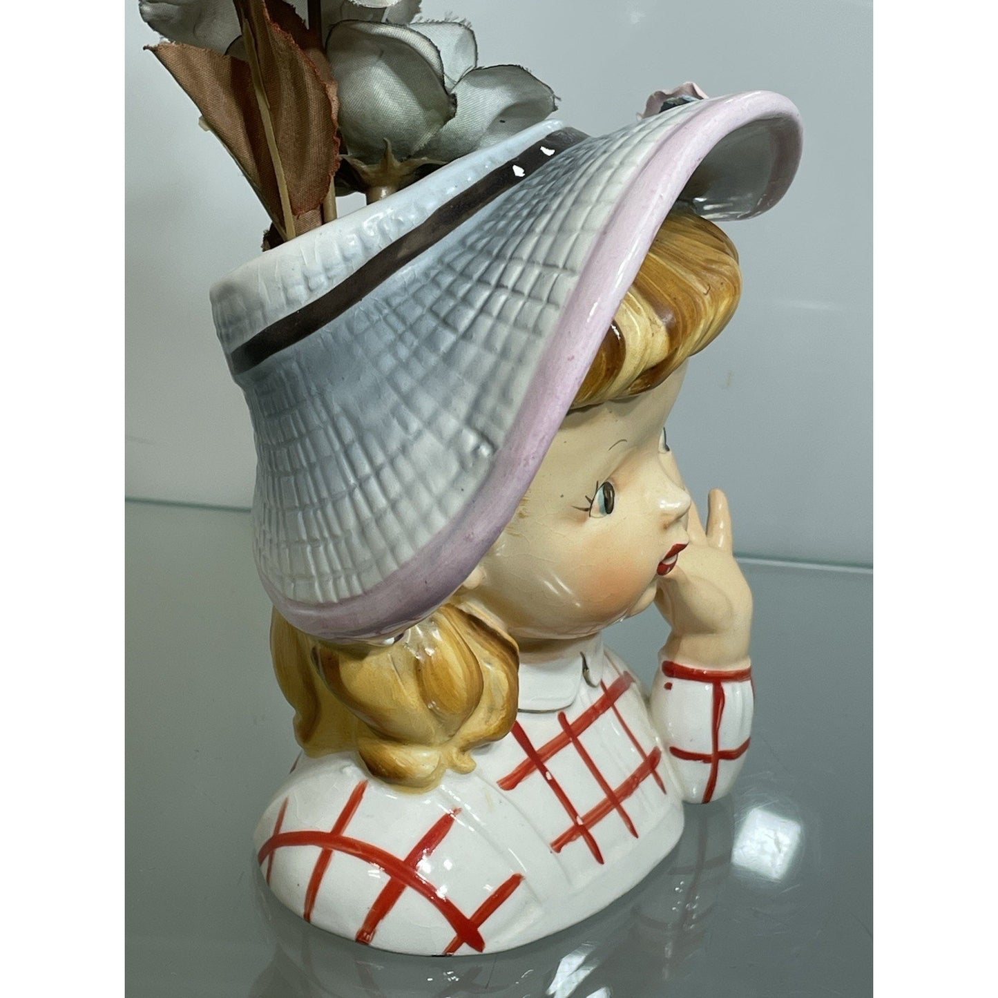 Vintage 6" Reliable Glassworks ? Lady Head Vase Young girl Child Waving Pigtails