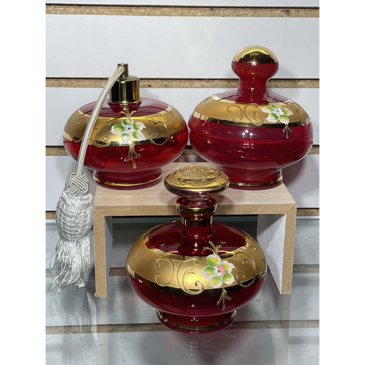 Bohemian Czech Art Deco Gilt High Enamel Glass Perfume Bottles Vanity Set of 3