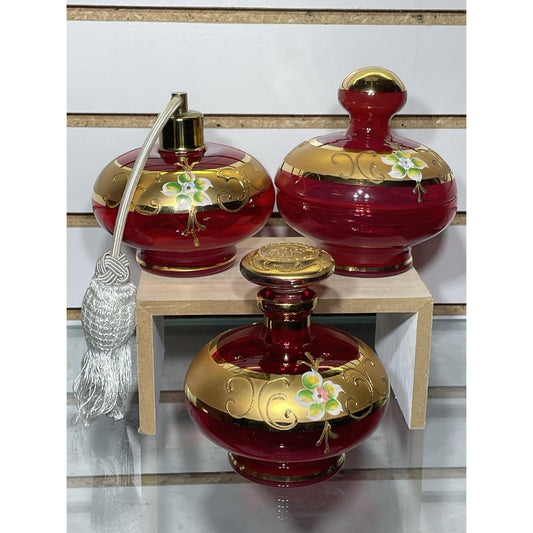 Bohemian Czech Art Deco Gilt High Enamel Glass Perfume Bottles Vanity Set of 3