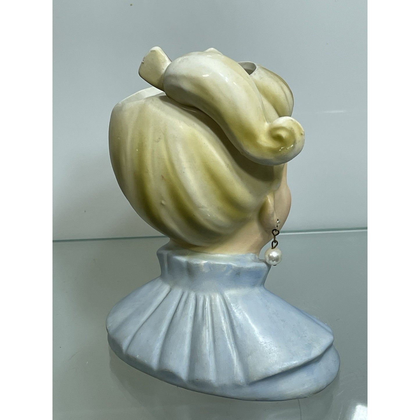 1950’s NAPCO Young Lady Head Vase Blonde Pony Tail Lady C5037 Blue dress 6 1/8"