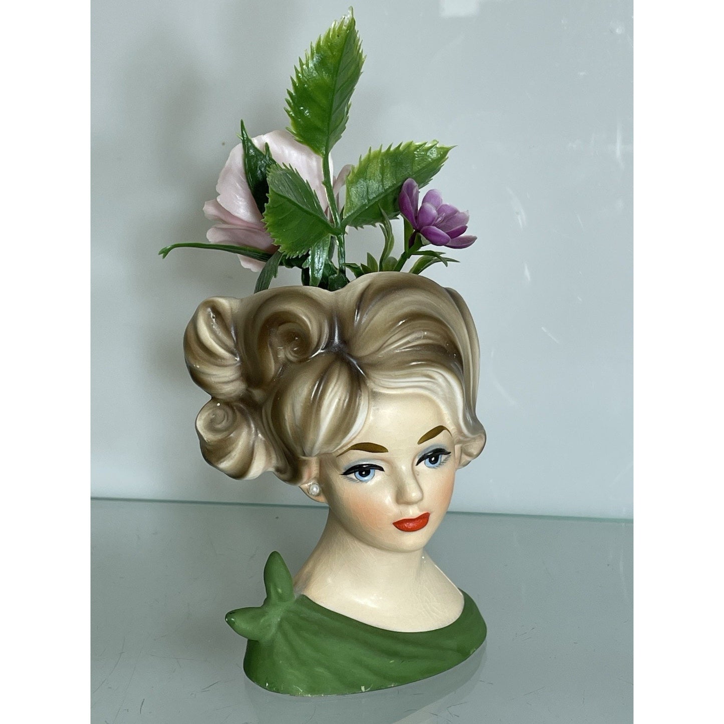 NAPCOWARE stamped YOUNG LADY HEAD VASE GREEN C 7313 4.5" BLUE EYES Japan N. Mint