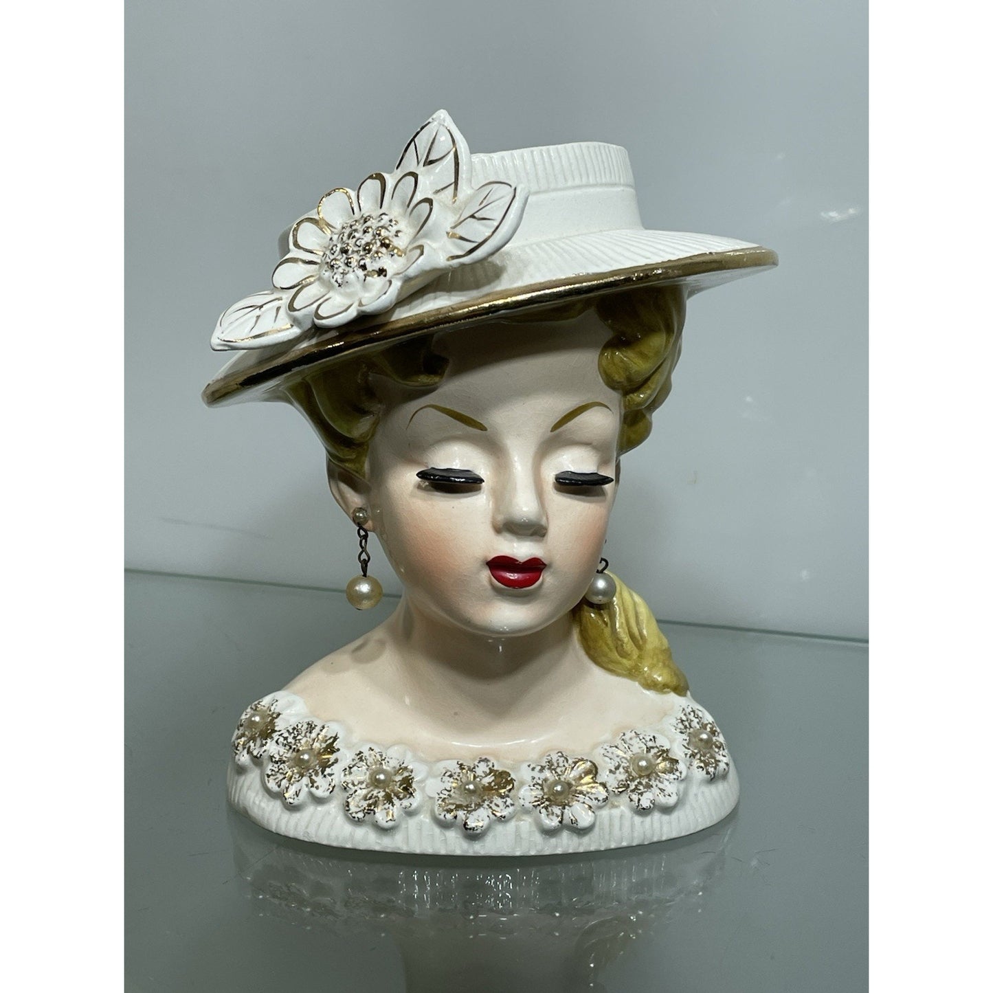 Rare 6" Rubens Lady Head Vase Japan 500 Flowers Blonde White Hat Gold Trim