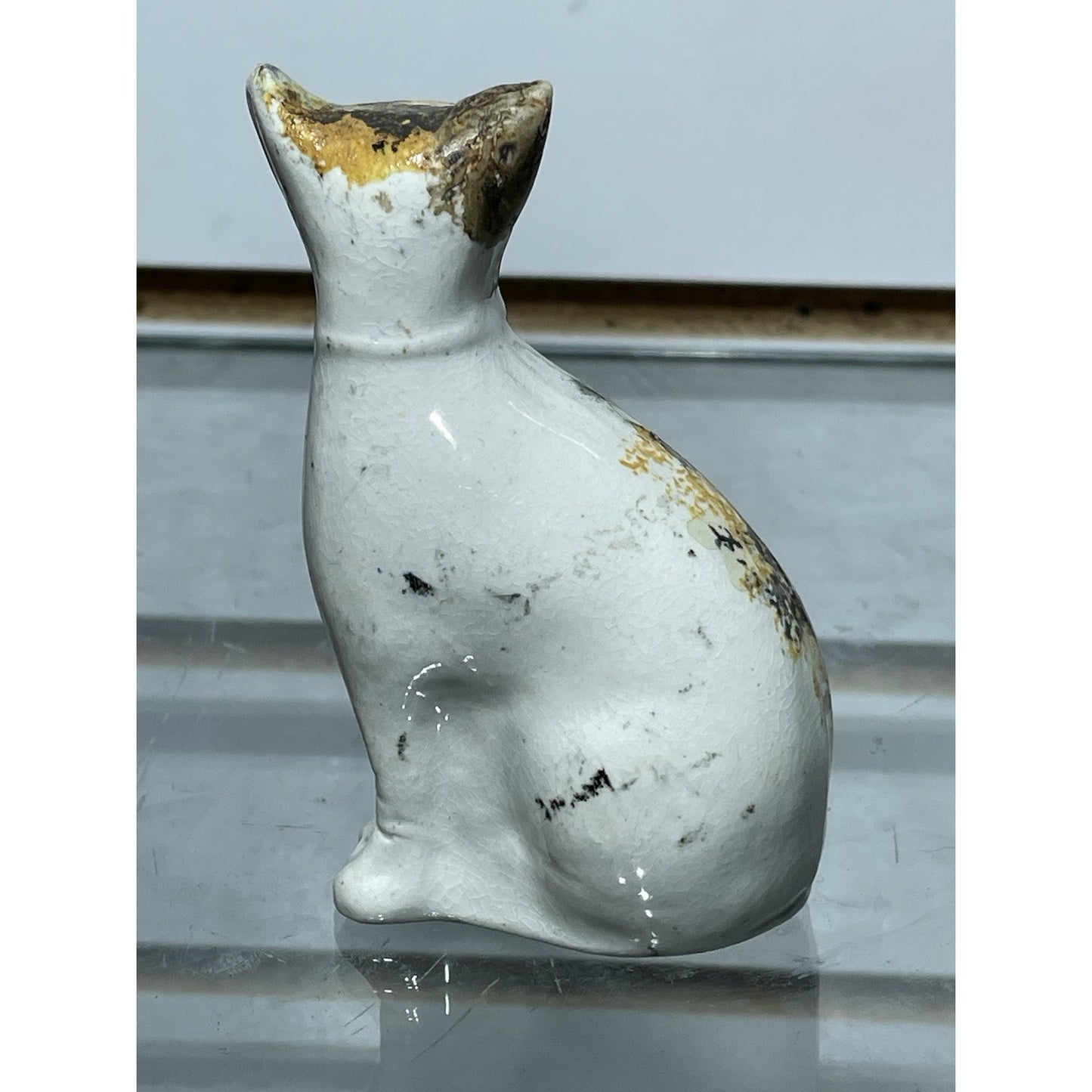 Antique Staffordshire Sponge ware Cat 3.5” Figurine Pottery c1800s Orange Black