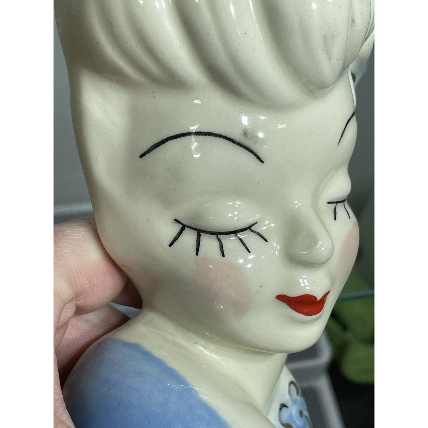 Vintage MCM Betty Grable Glamour Girl Lady Head Vase Wall Pocket Blue Dress 6”