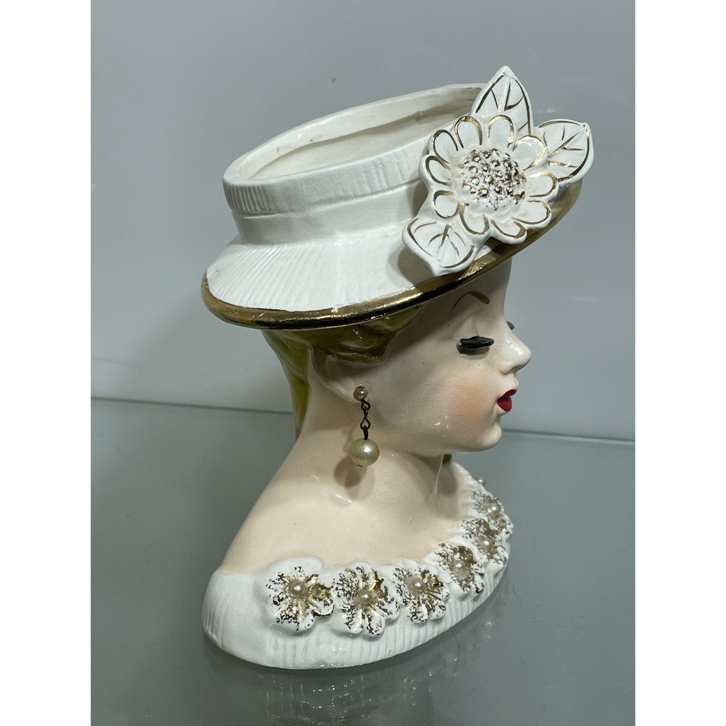 Rare 6" Rubens Lady Head Vase Japan 500 Flowers Blonde White Hat Gold Trim