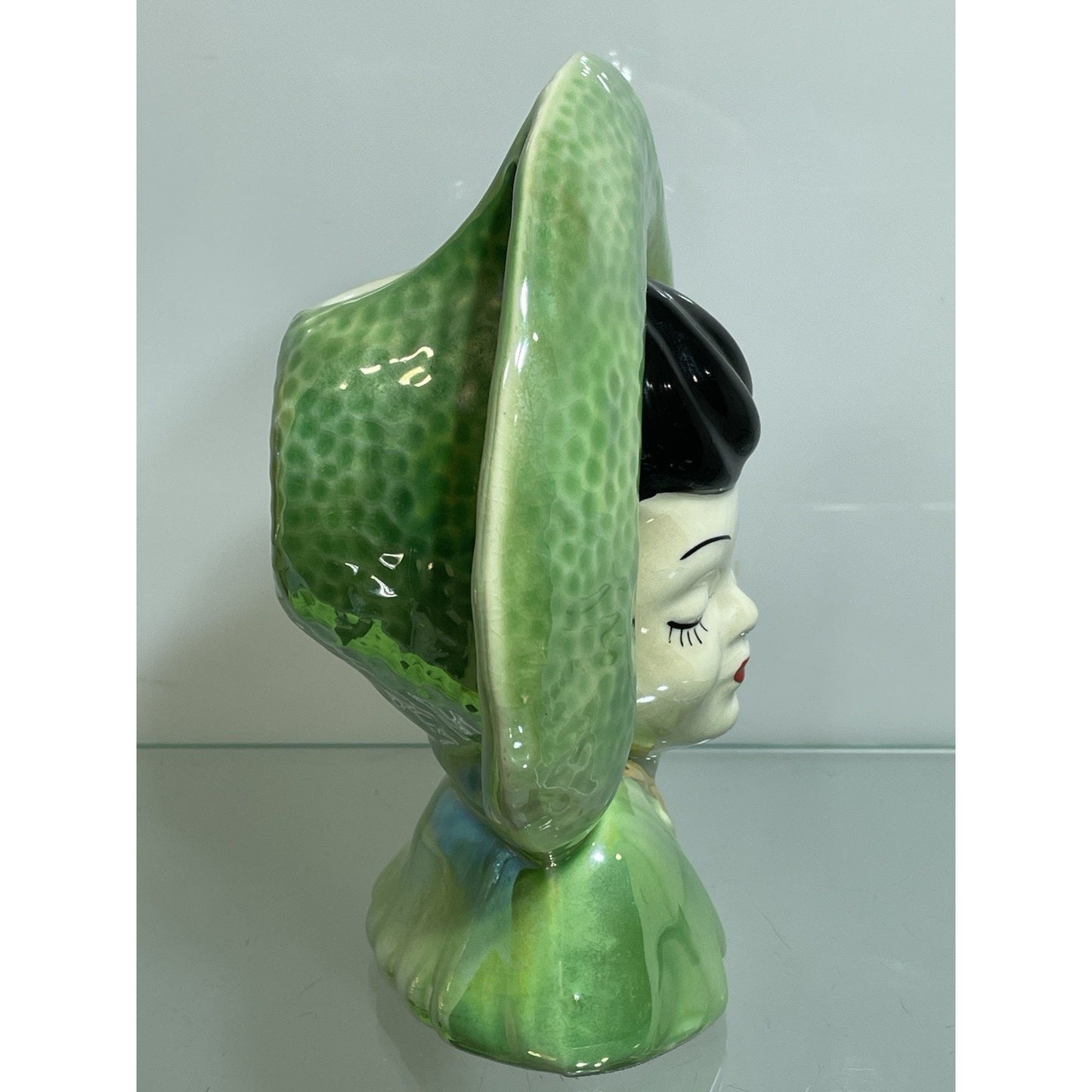 Vtg 1940 Lady Head Vase Wall Pocket Iridescent Pink Gold Red Lips asian Lot of 2