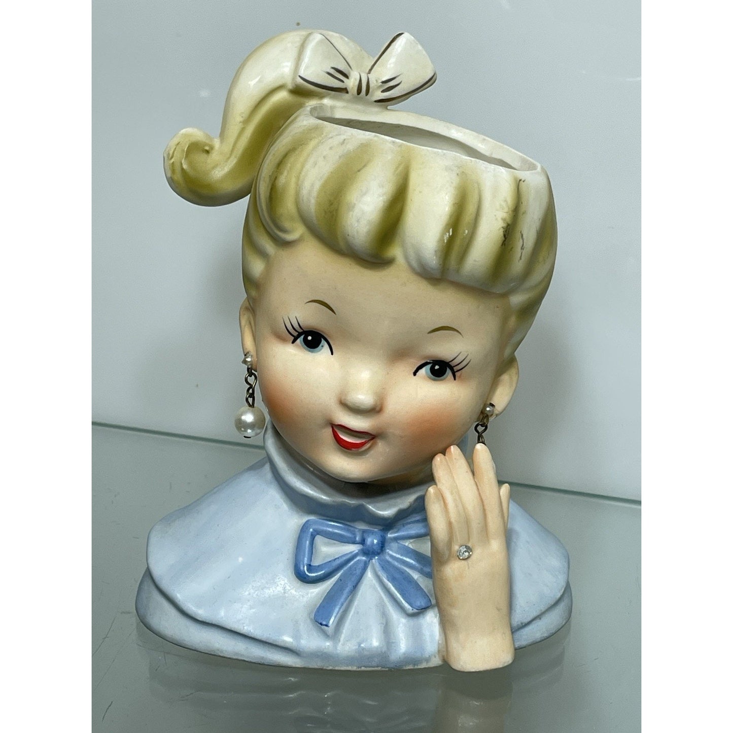 1950’s NAPCO Young Lady Head Vase Blonde Pony Tail Lady C5037 Blue dress 6 1/8"