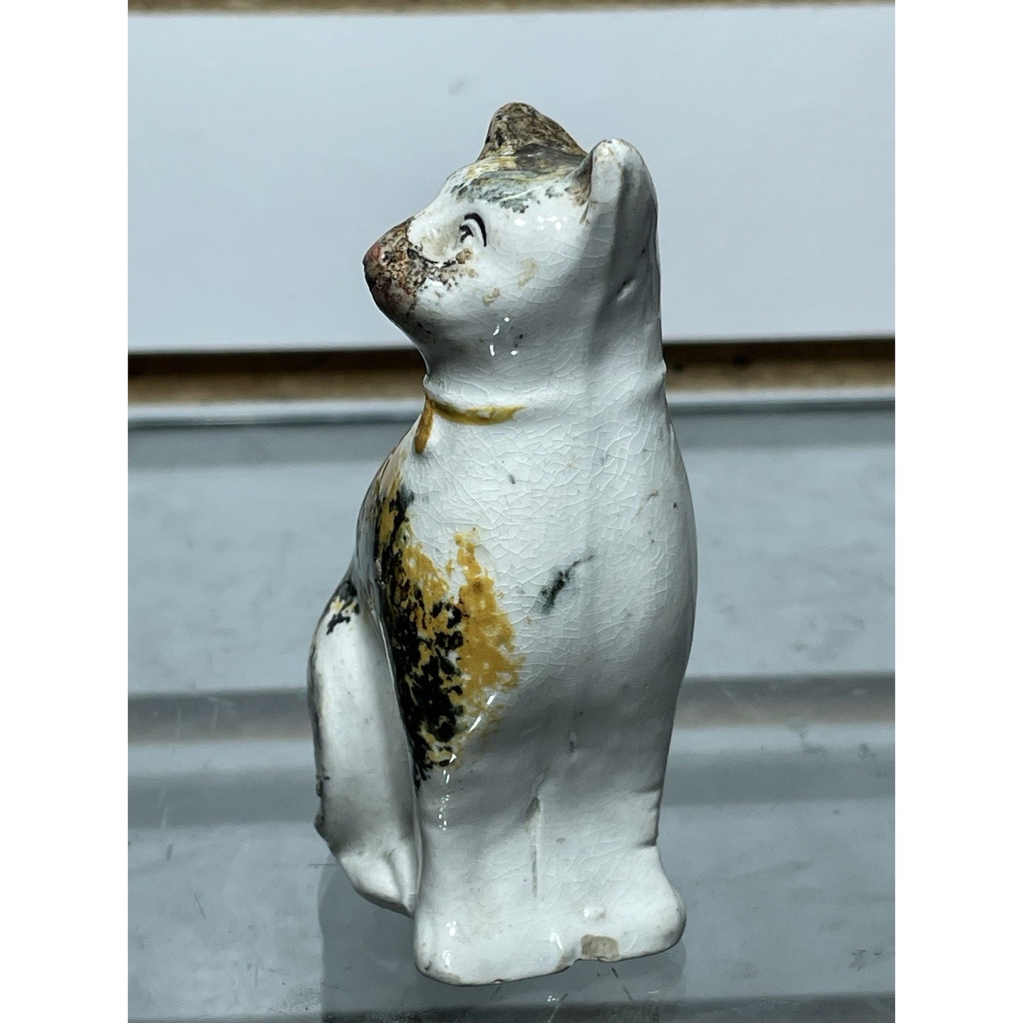 Antique Staffordshire Sponge ware Cat 3.5” Figurine Pottery c1800s Orange Black