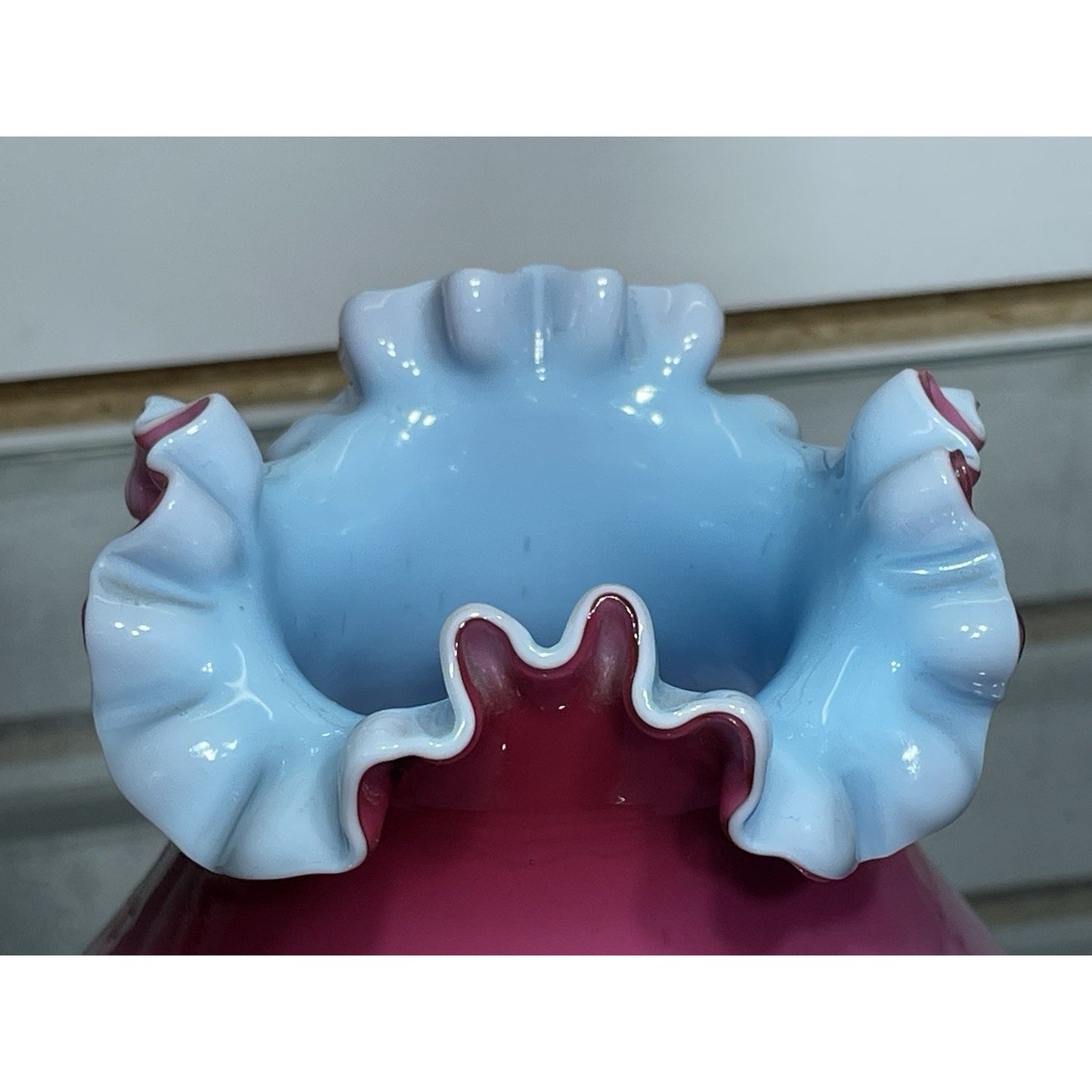 Antique Pink Wild Rose Peachblow Satin Vase Blue Interior RARE Crimped rim 5x5.7
