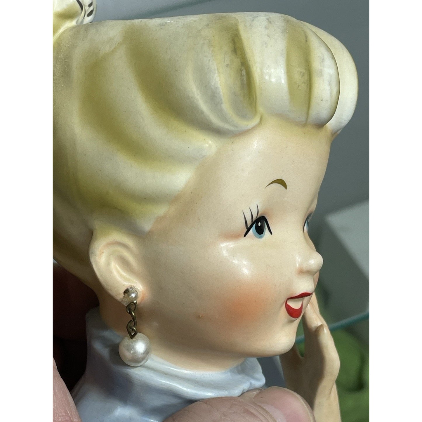 1950’s NAPCO Young Lady Head Vase Blonde Pony Tail Lady C5037 Blue dress 6 1/8"