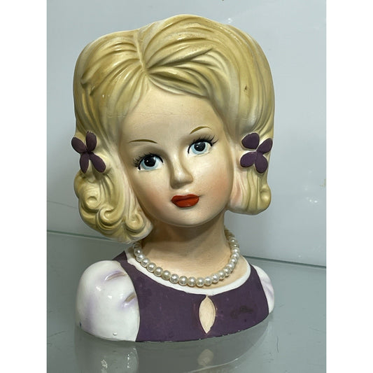 Vintage Lark Lady Blonde Purple Dress Head Vase With Pearls, Purple Flowers 5.75