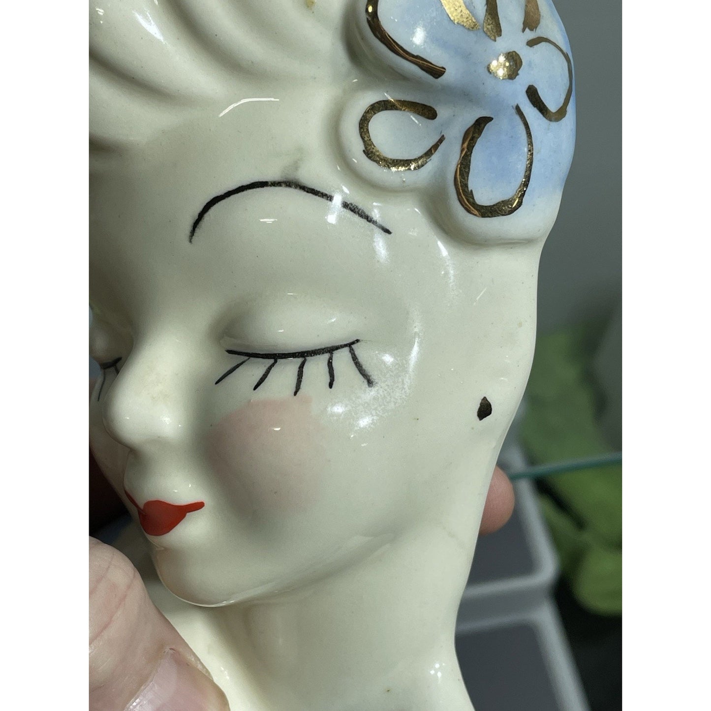 Vintage MCM Betty Grable Glamour Girl Lady Head Vase Wall Pocket Blue Dress 6”