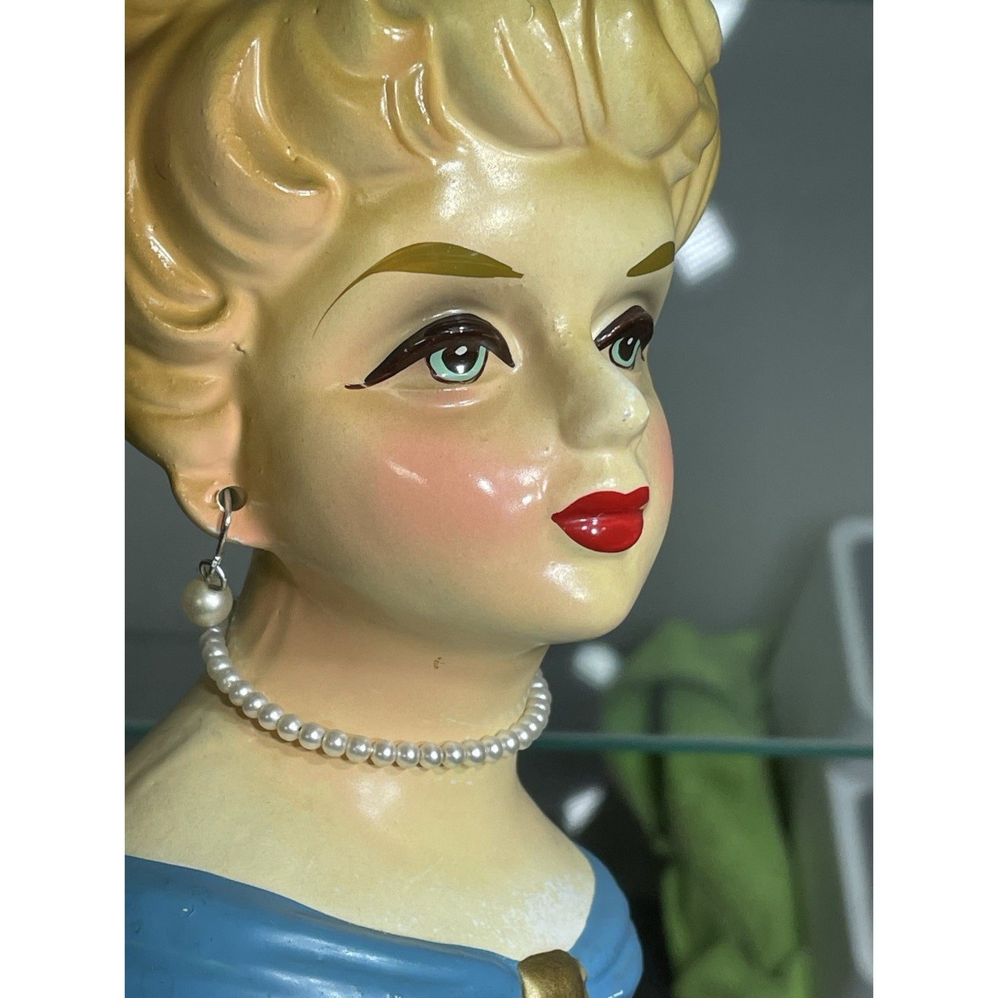 Rare 1950's Rubens Originals Lady Head Vase 4103 Blonde Curls Blue Dress 5.75"
