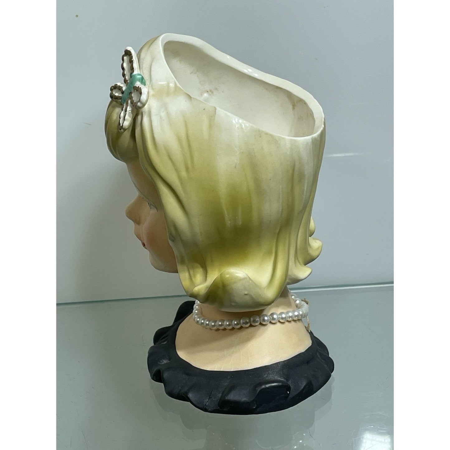 Vintage Lady Head Vase Parma A-172 1950 Blonde Pearl Necklace Butterfly Clip 5.5