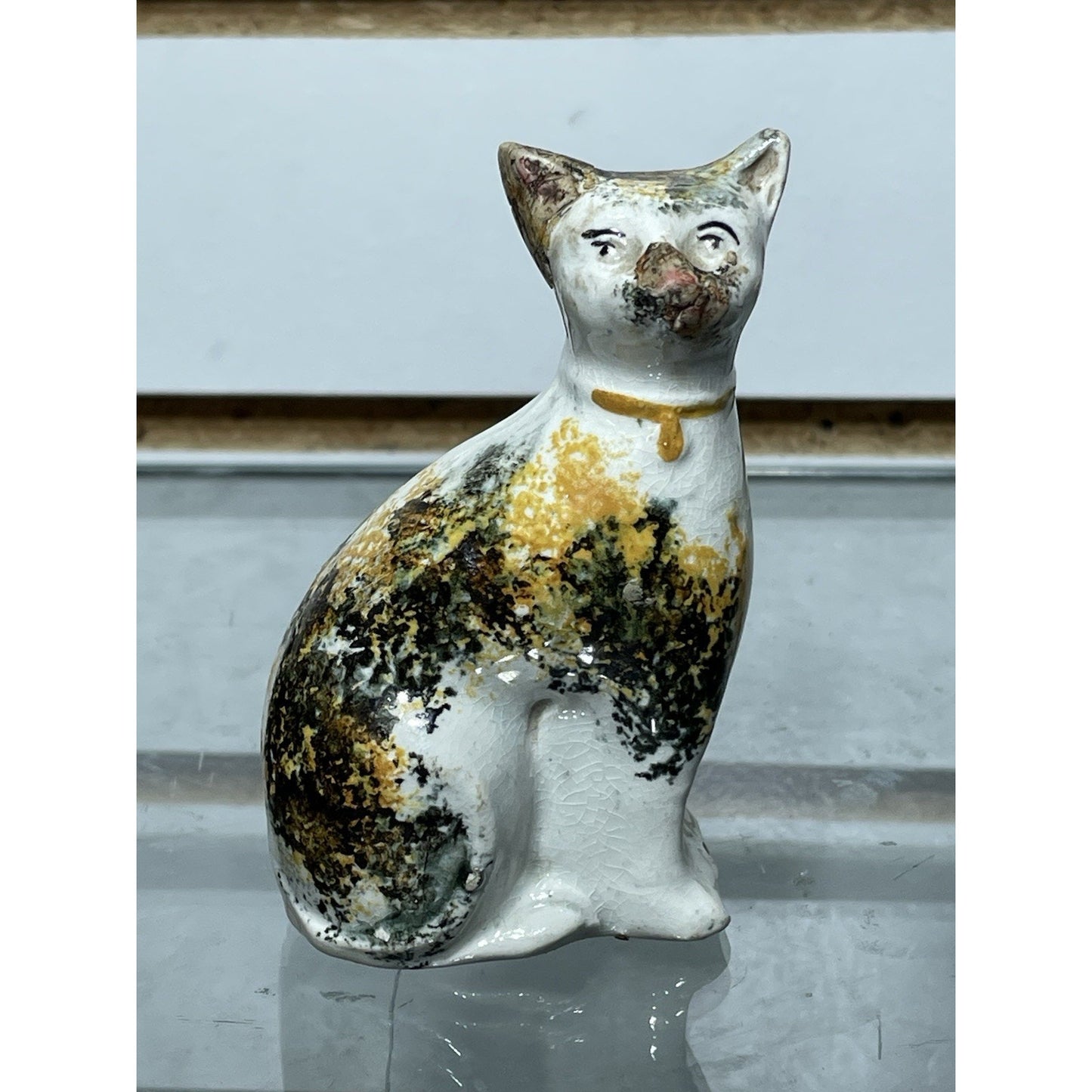 Antique Staffordshire Sponge ware Cat 3.5” Figurine Pottery c1800s Orange Black