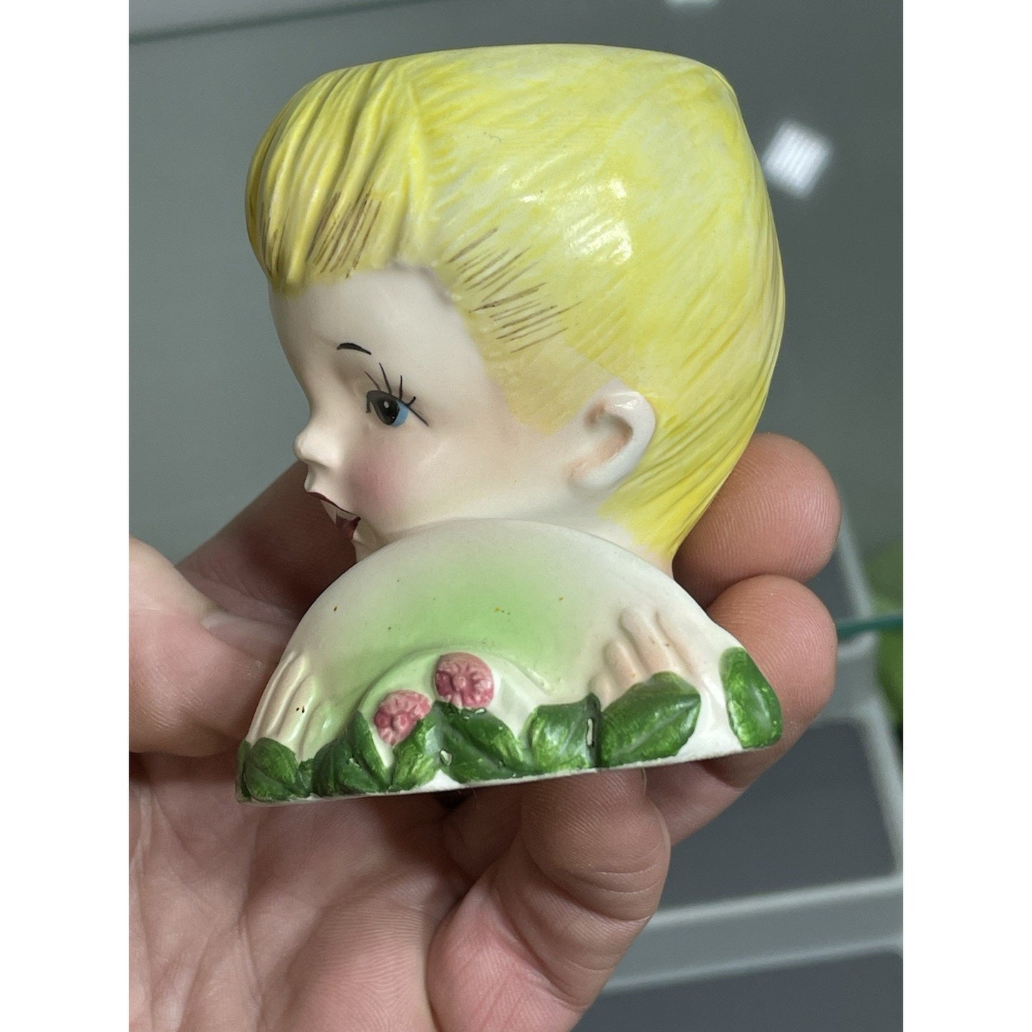 1950’s ENSCO Young Lady Head Vase Blonde Pony Tail Green Dress 3.5" Tall