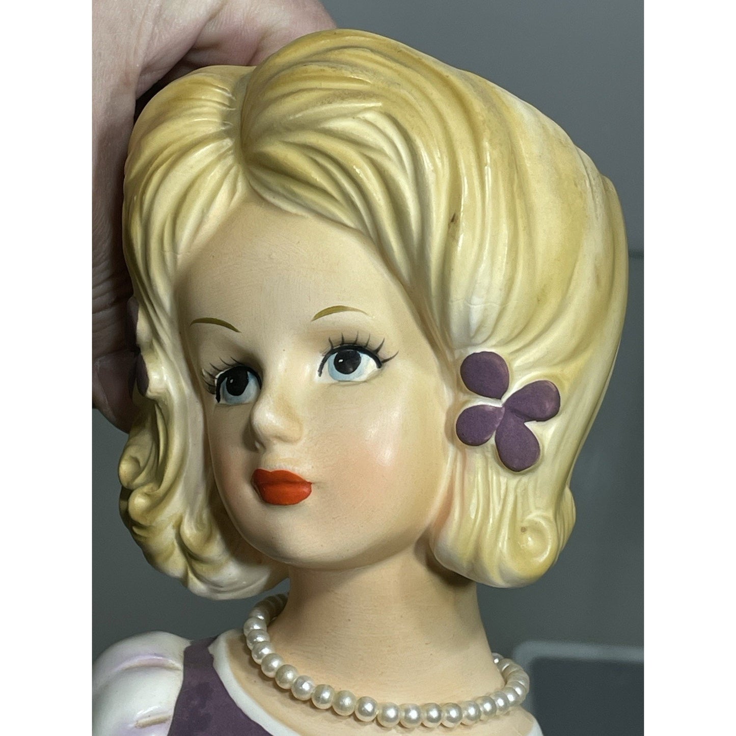 Vintage Lark Lady Blonde Purple Dress Head Vase With Pearls, Purple Flowers 5.75