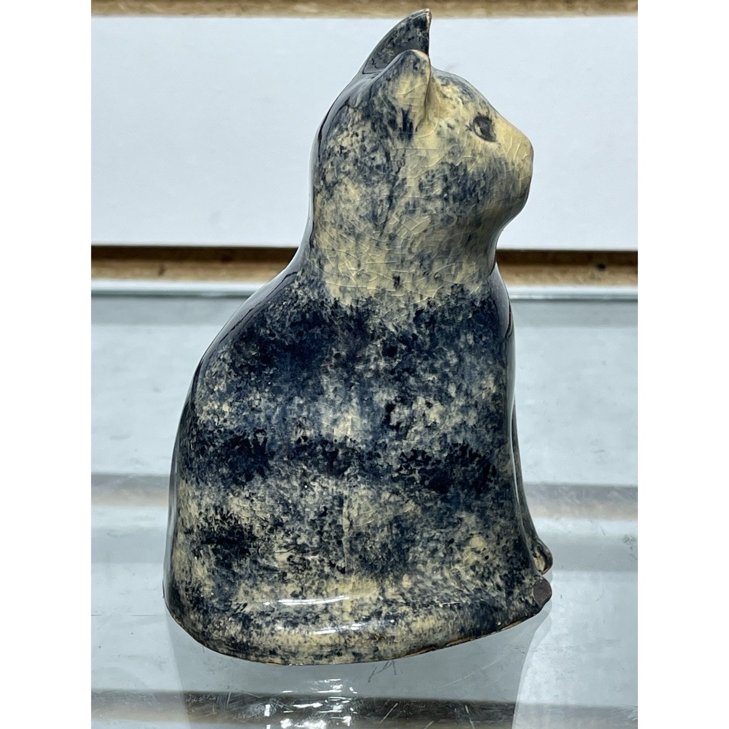 Antique Early Sponge ware Cat 4” Figurine Pottery 1900's gloss blue & tan