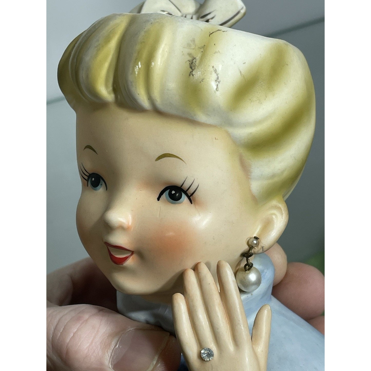 1950’s NAPCO Young Lady Head Vase Blonde Pony Tail Lady C5037 Blue dress 6 1/8"