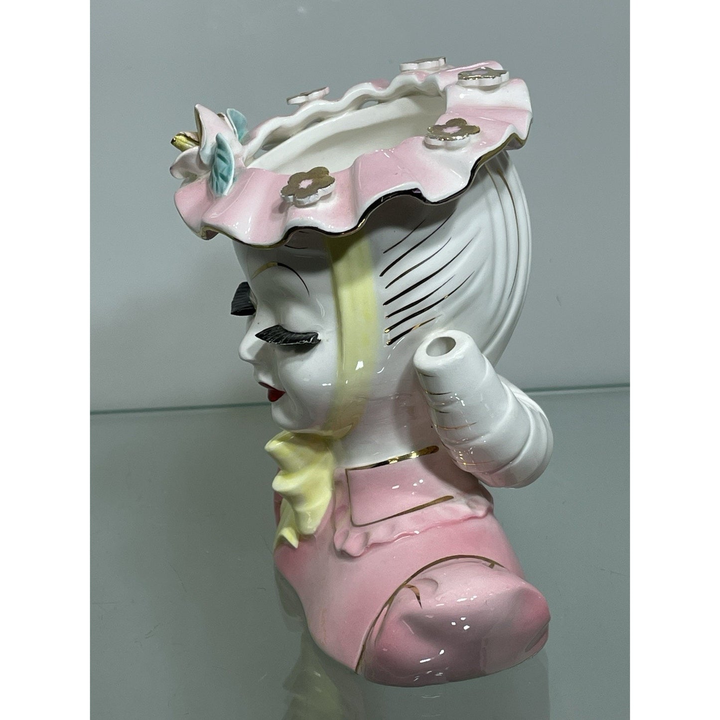Vintage PINK LEFTON BARBARA lady head vase Yellow ribbon bow 5" inch
