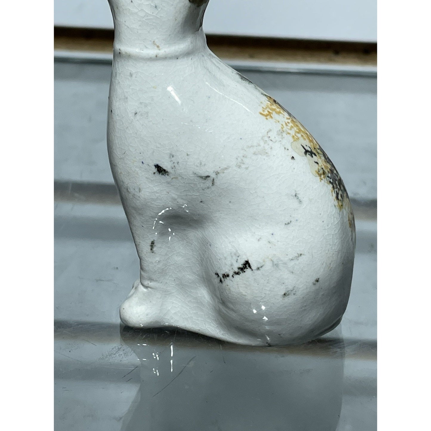 Antique Staffordshire Sponge ware Cat 3.5” Figurine Pottery c1800s Orange Black