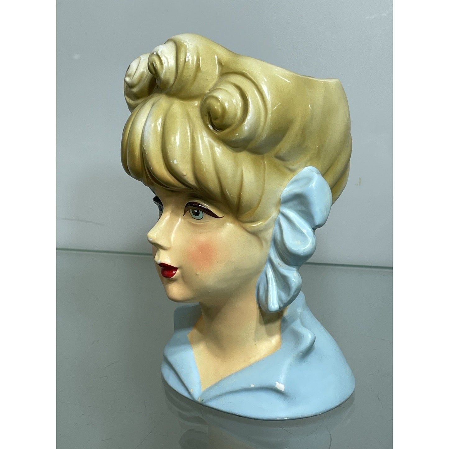 Rare Vintage 50's Rubens Originals Lady Head Vase 4121 Blonde Curls Blue Bows 5.