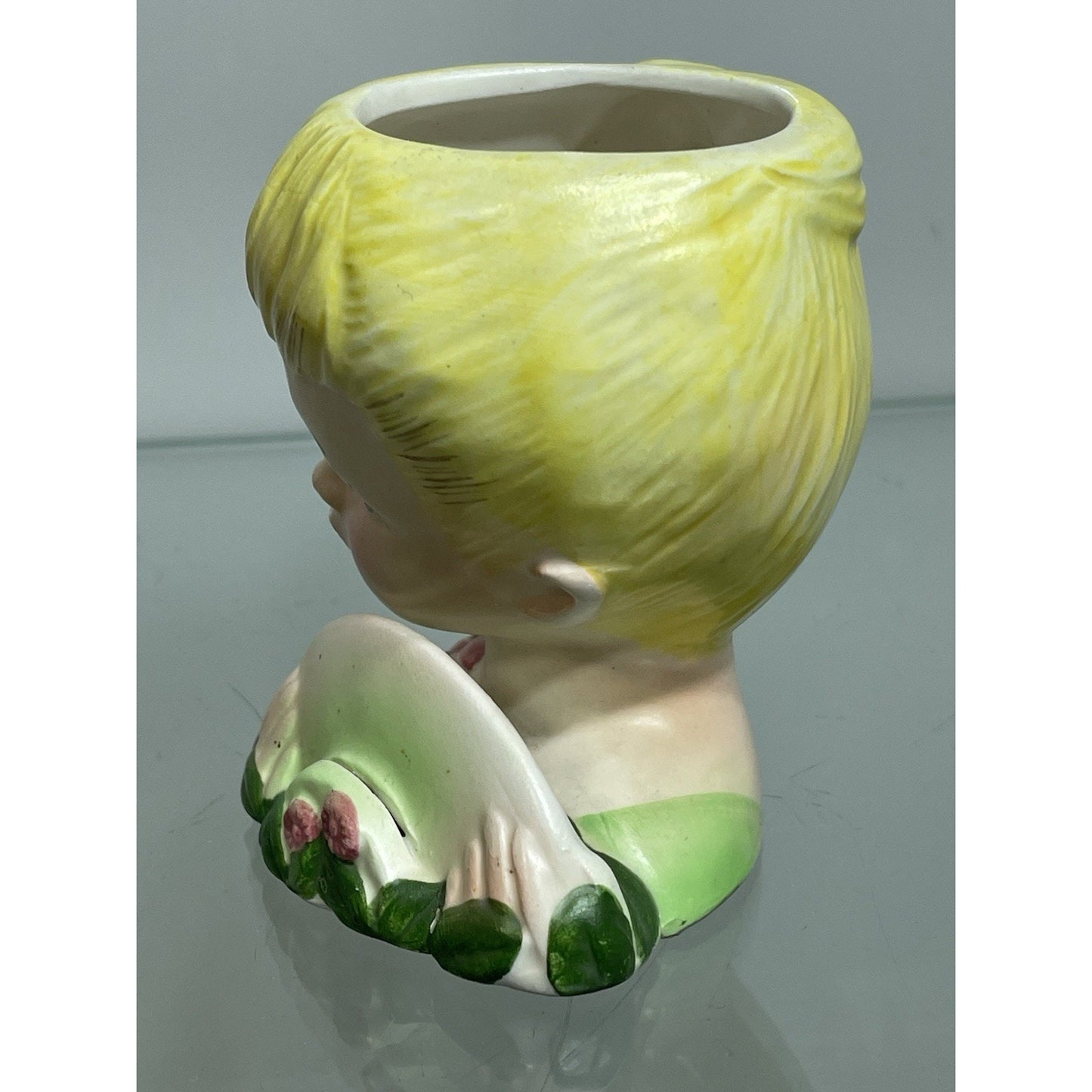 1950’s ENSCO Young Lady Head Vase Blonde Pony Tail Green Dress 3.5" Tall