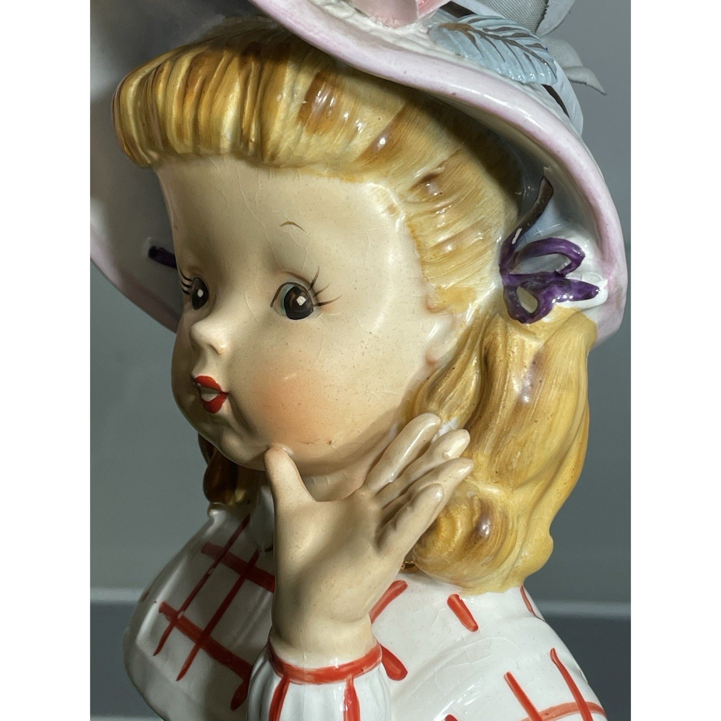 Vintage 6" Reliable Glassworks ? Lady Head Vase Young girl Child Waving Pigtails