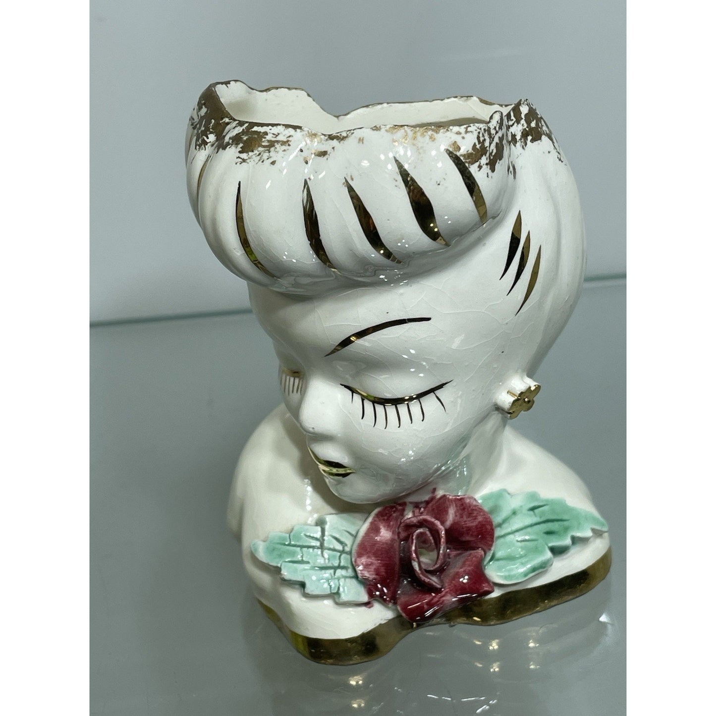 VINTAGE BETTY GRABLE LADY HEAD VASE 4” Tall Lewis Weil GLAMOUR GIRL Gold Trim