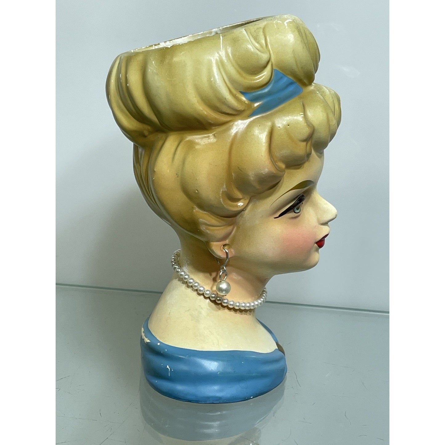 Rare 1950's Rubens Originals Lady Head Vase 4103 Blonde Curls Blue Dress 5.75"