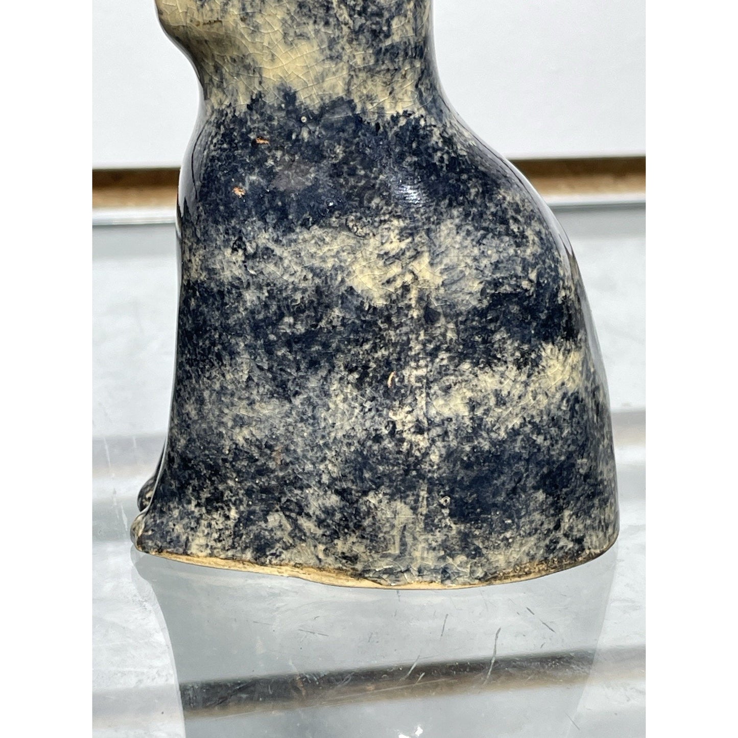 Antique Early Sponge ware Cat 4” Figurine Pottery 1900's gloss blue & tan