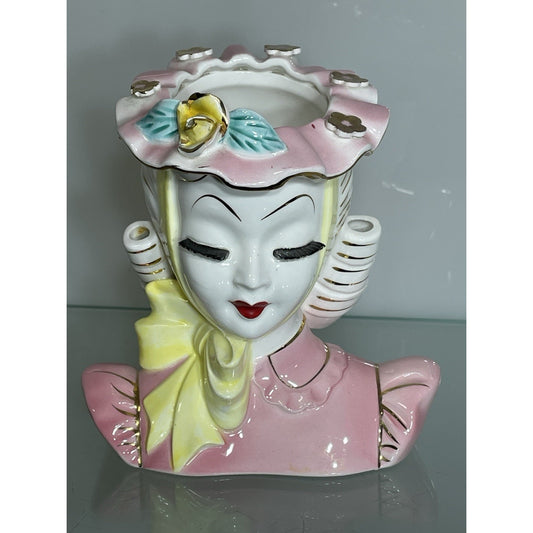 Vintage PINK LEFTON BARBARA lady head vase Yellow ribbon bow 5" inch