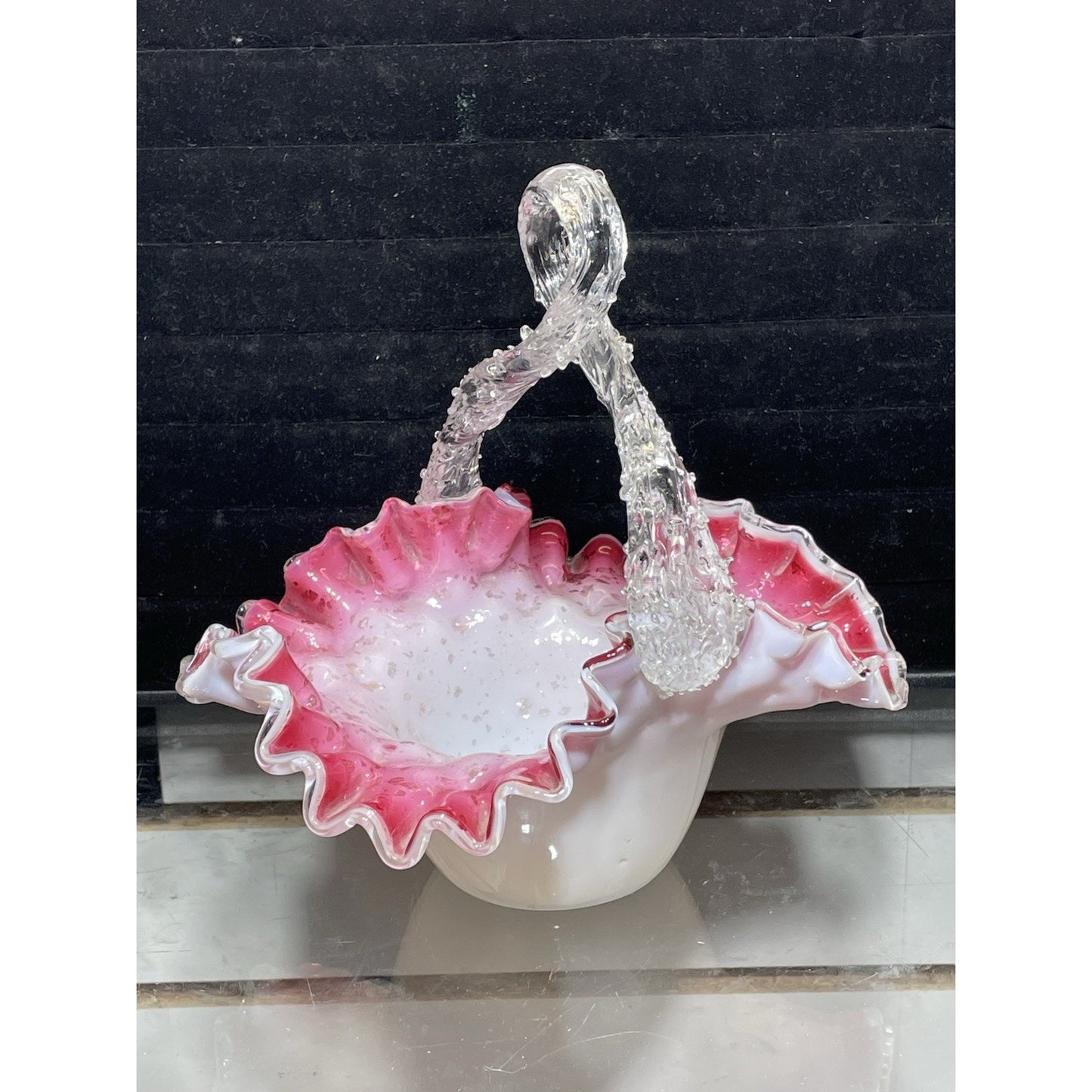 Antique Victorian Pink Cased Basket w Thron Handle - Silver flakes 7.5" tall