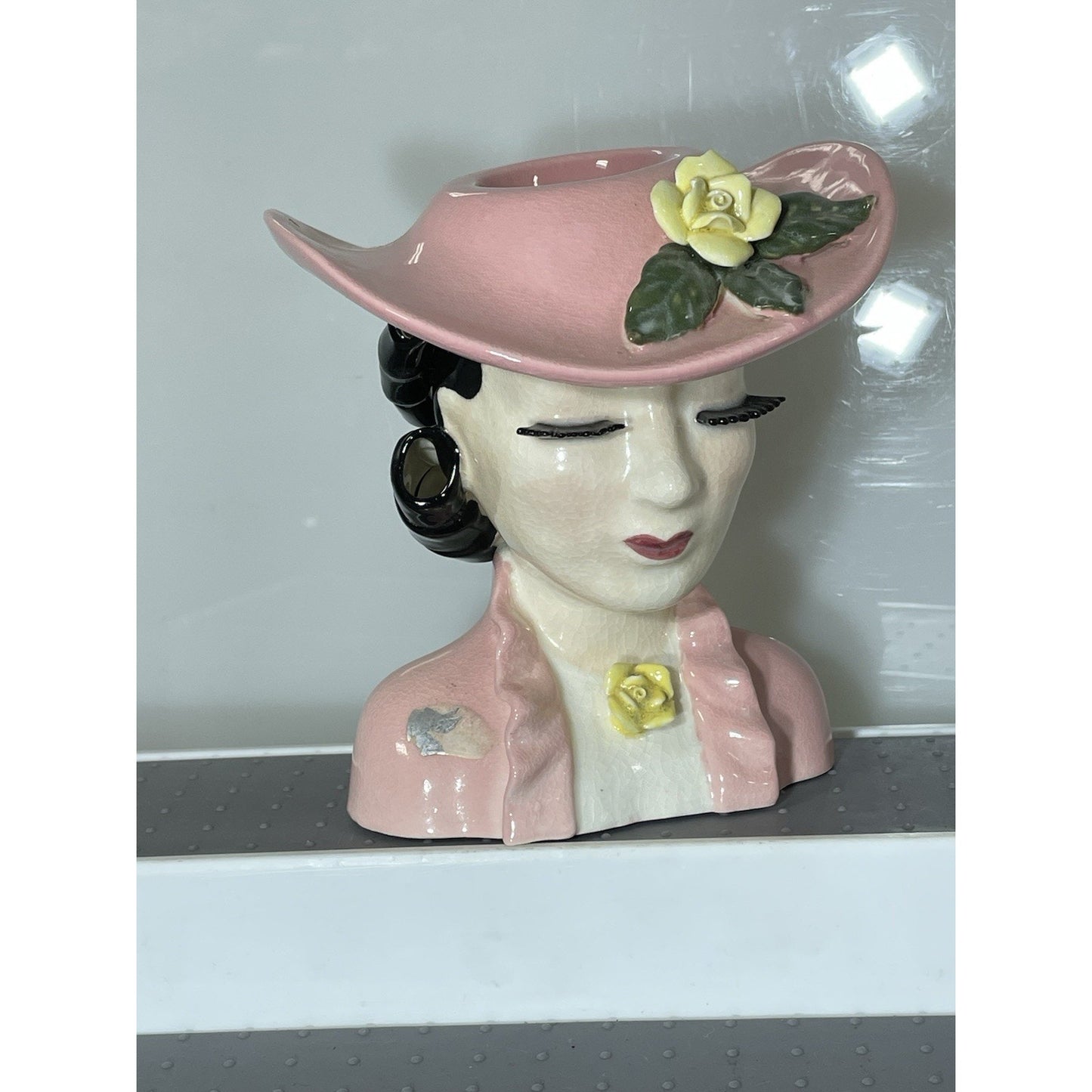 Vintage Lefton Lady Head Vase Betty Lou Nichols 1950’s Pink Hat Black Curls 5.5"