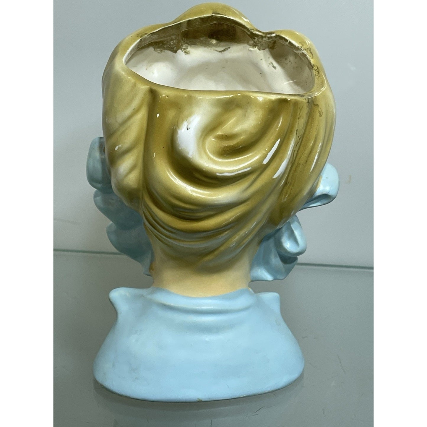 Rare Vintage 50's Rubens Originals Lady Head Vase 4121 Blonde Curls Blue Bows 5.