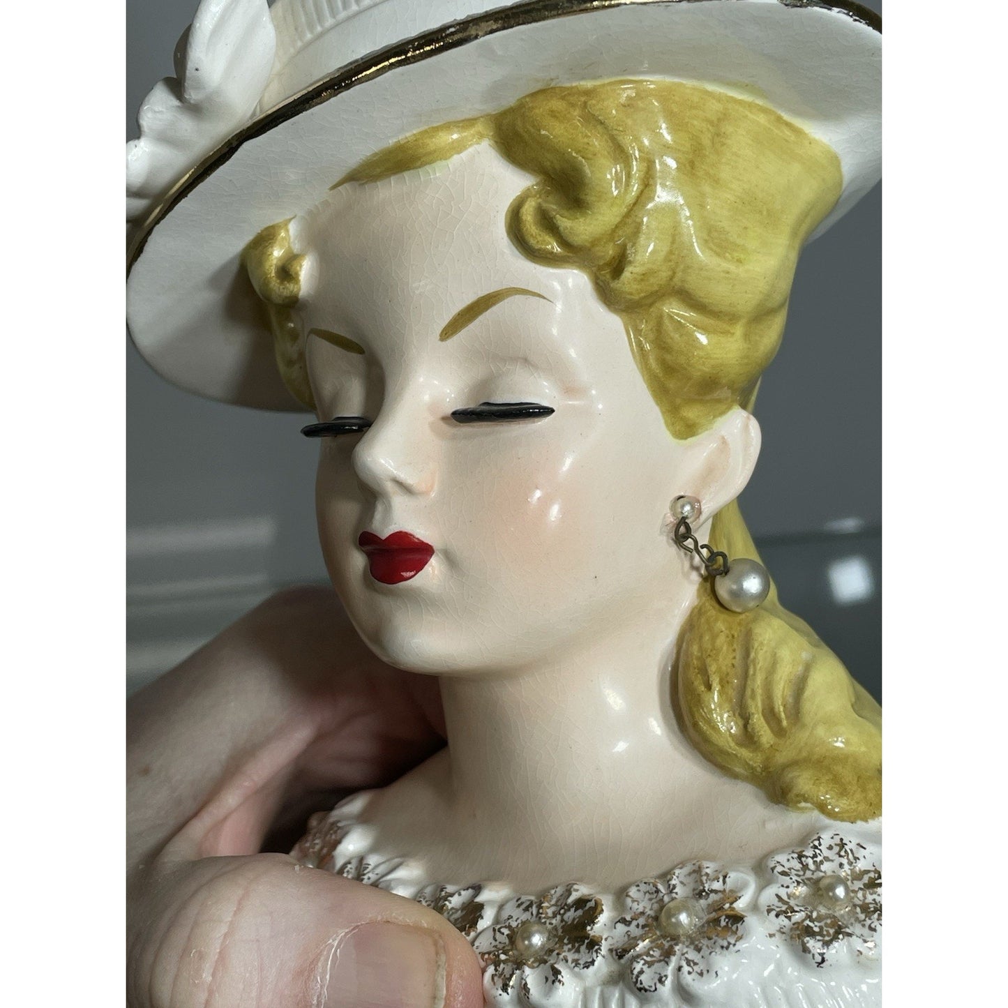 Rare 6" Rubens Lady Head Vase Japan 500 Flowers Blonde White Hat Gold Trim